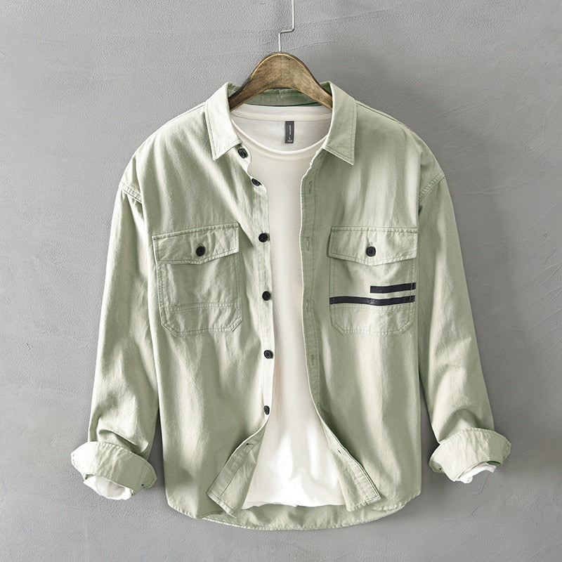 Men Spring Fall Korean Style 100% Cotton Top Quality Shirt Male Casual Loose Long Sleeve Lapel Tops Double Pocket Trendy Outwear