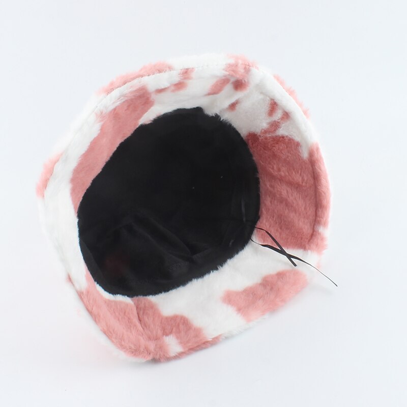 2021 New Fashion Korean Pink Cow Print Bucket Hat Faux Fur Winter Hats For Women Warm Plush Fisherman Caps