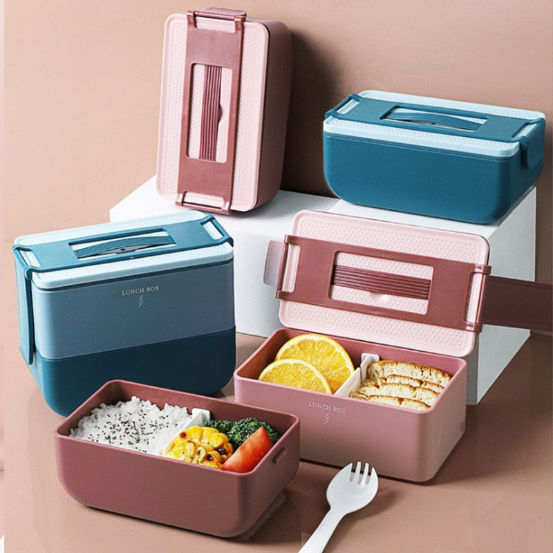 Double-layer bento box for kids Portable japanese style lunch box Leak-Proof food container storage box Microwave Dinnerware