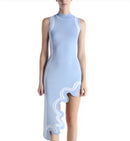 Start New 2022 Asymmetrical Wavy Hem Round Collar Sky Blue black Striped Knit Sleeveless Dress sexy female knitting dress