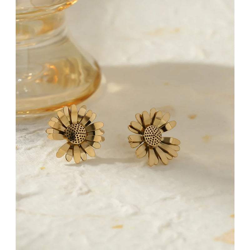 Yhpup Statement Metal Daisy Flower Stud Earrings Stainless Steel Golden Texture Fashion Chic Jewelry Orecchini Donna бижутерия