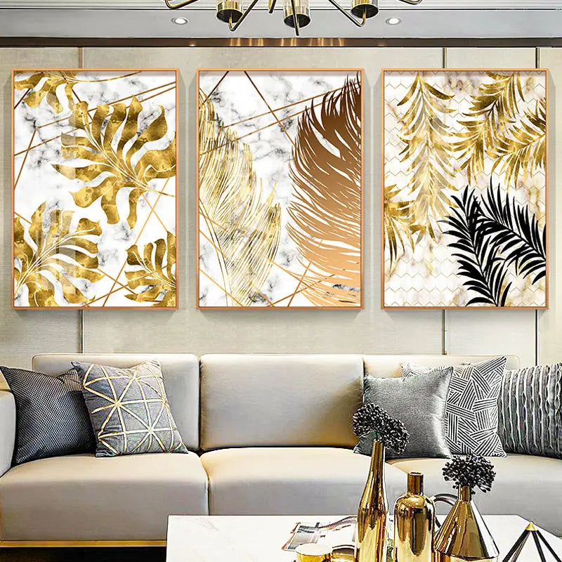 Golden Leaves Plant Picture Home Decor Nordic Canvas Painting Wall Art Marbling Backdrop Art Posters and Prints for Living Room
