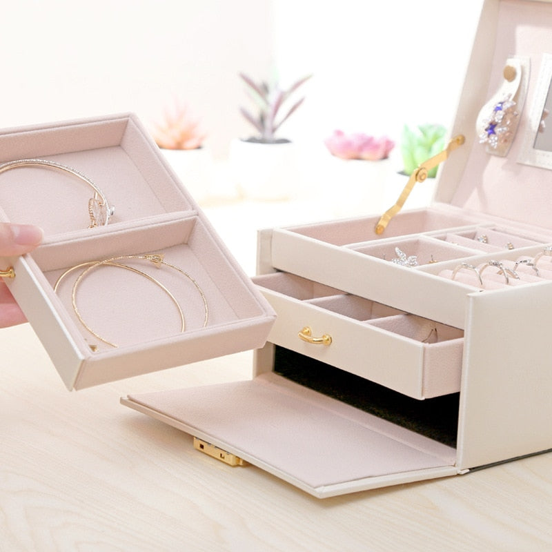 Three Layers 2022 Classical High Quality Leather Jewelry Box Necklace Display Exquisite Makeup Case Jewelry Organizer