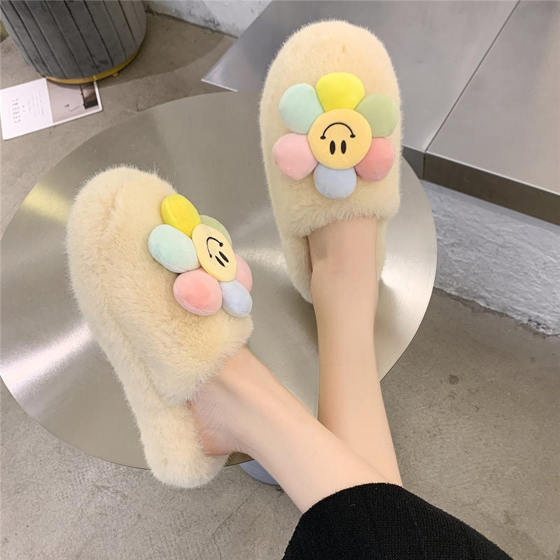 Sun flower Slippers Women Slippers Furry Fluffy Flat Shoes Winter Home Slippers Fashion Comfortable Slip Lazy Thick Fur Slides