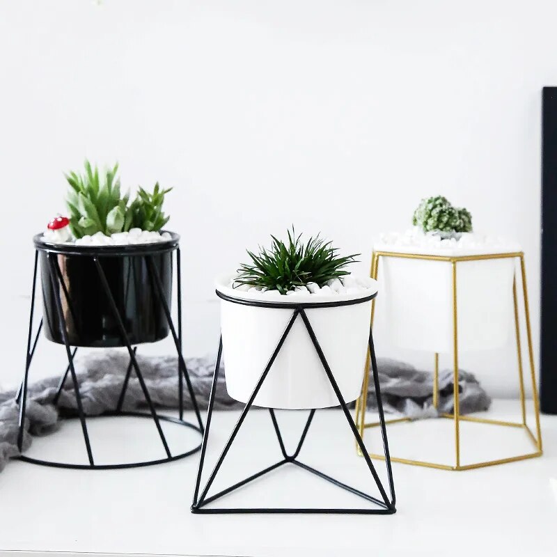 Nordic Geometric Ceramic Planter with Iron Rack Holder Metal Stand Desktop Flower Pot for Succulents Plants Home Garden Decor