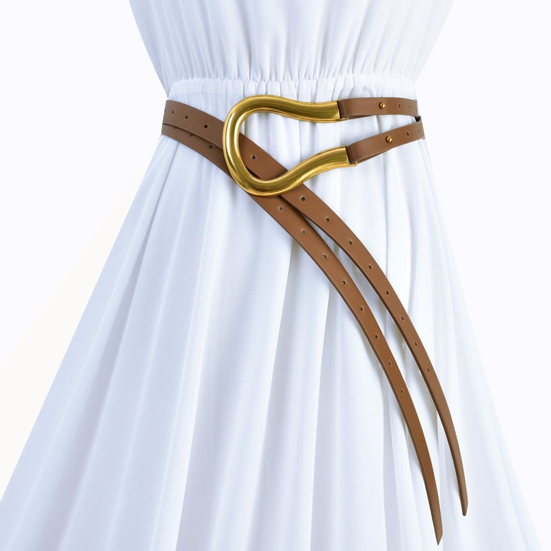 Newest fashion soft faux leather belts personality big alloy buckle thin double layer waistbands shirt knotted belt long straps