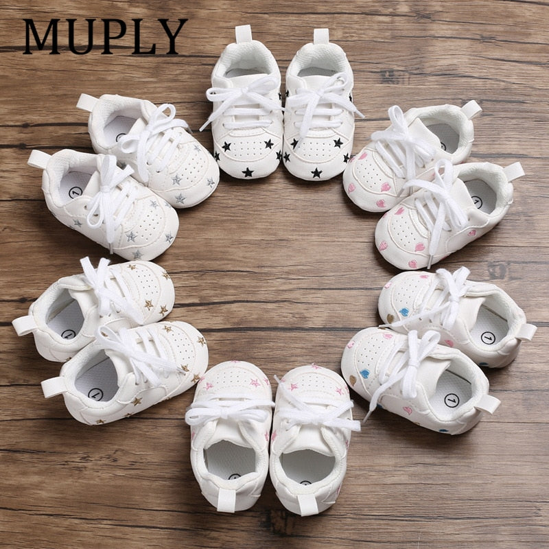 Newborn Print Heart Star Baby Sneaker PU Leather Baby Boys Girls First Walkers Soft Sole Infant Toddler Baby Shoes For 0-18M