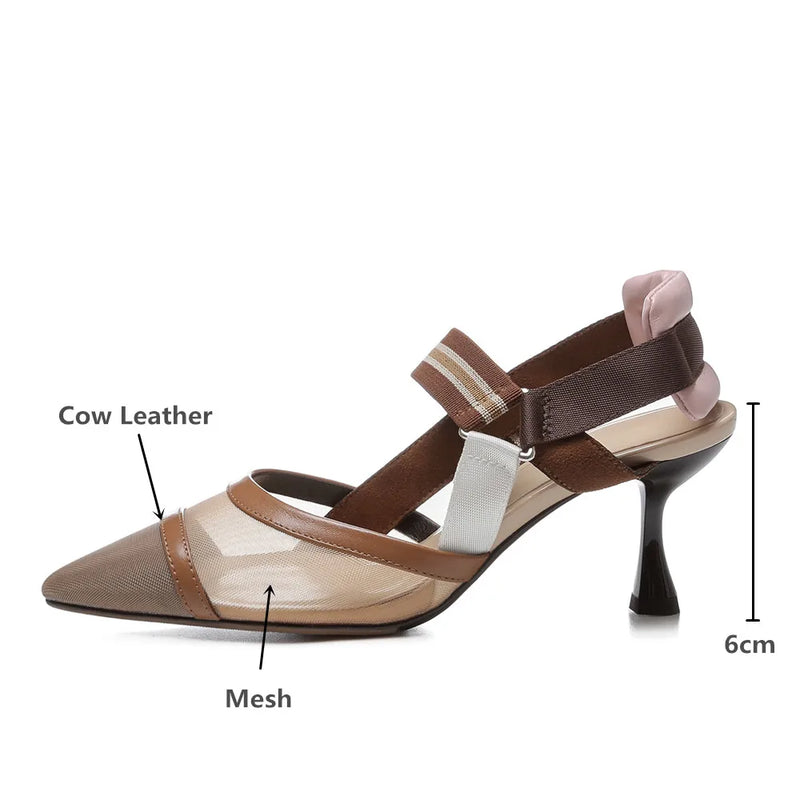 Classic Women Sandals Cow Leather&Mesh Pointed Toe Thin Heels Elastic Band 3 Colors Summer Party Dress Shoes For Lady Size 34-43