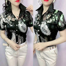 Long-sleeved Female Bottoming Shirts Women's Spring Summer Foreign Hot Drill Lace Stitching Chiffon Shirt Floral Mesh Top Blouse