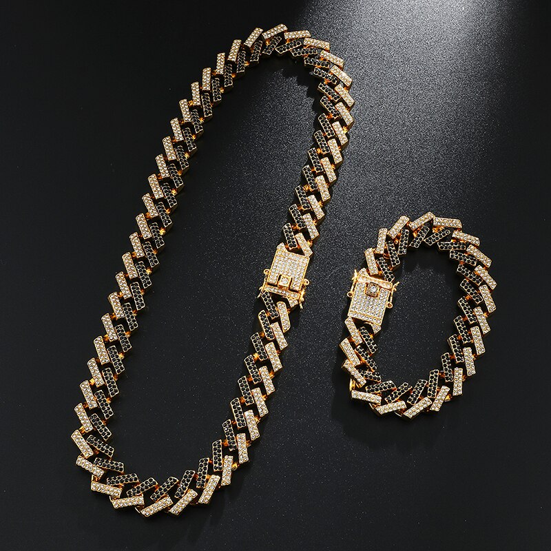 Hip Hop 2PCS/Set Iced Out 15MM Miami Zircon Cuban Chain Rhinestone Necklaces & Bracelets 16/18/20/24/ inch For Men Jewelry