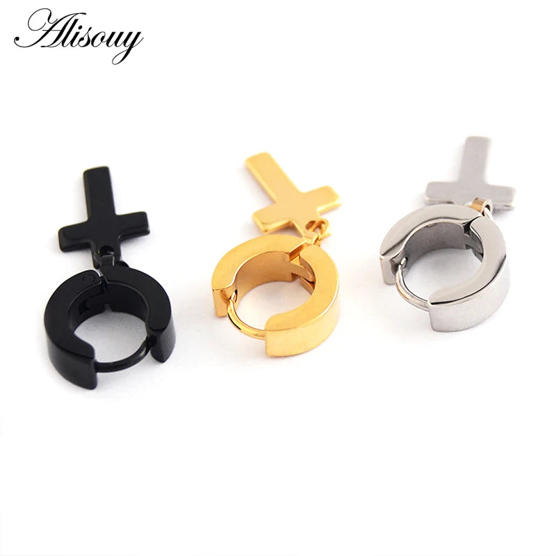 Alisouy 2pcs Women Men's Stainless Steel Dropping Earrings Black/Silver Color Cross Gothic Punk Rock Style Pendientes Mujer Moda