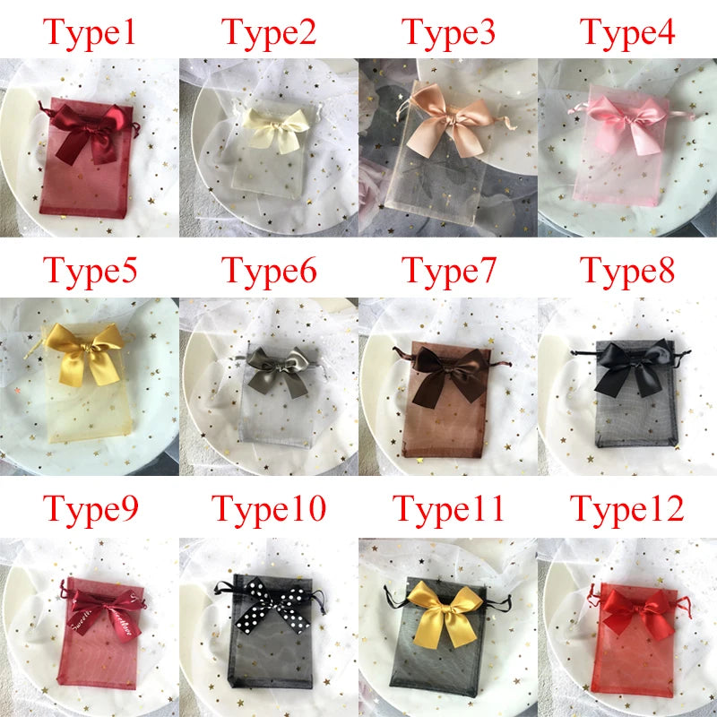 10Pcs/Lot Organza Gift Bags Transparent Drawstring Pouch Storage Jewelry Organizer Earring Packaging Party Candy Bag With Ribbon