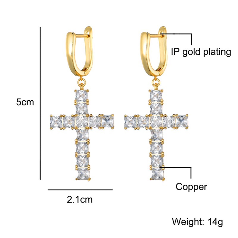 Hip Hop 1Pair Micro Paved Cross Full Bling Iced Out Earring Cubic Zircon Charm Stud Earrings For Men Hip Hop Jewelry