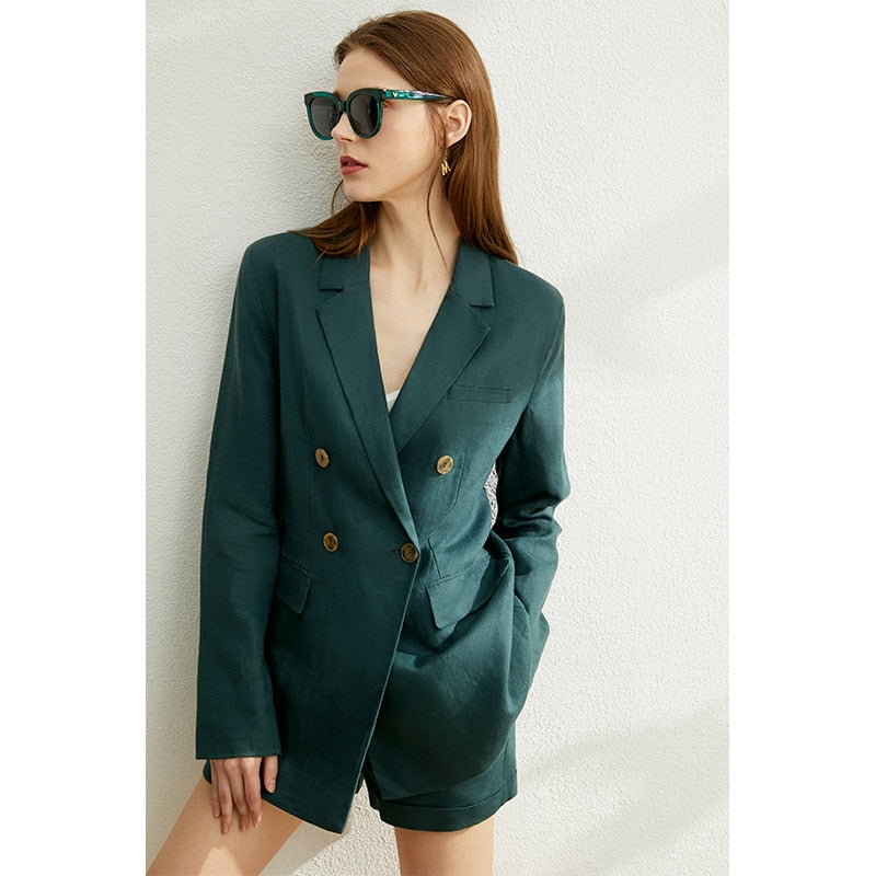 AMII Minimalism Autumn Women Solid Lapel Double Breasted Suit Coat High Waist Solid Pant Solid Short 12040051