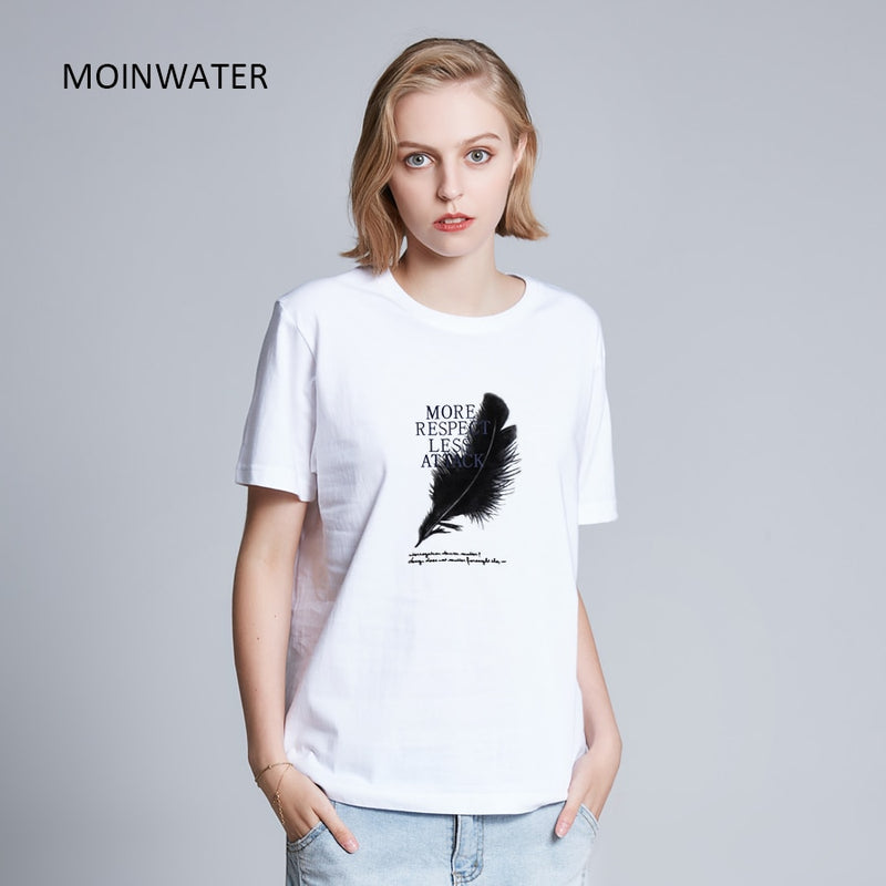 MOINWATER New Women Casual Summer T shirts Fashion Lady 100% Cotton White Tees Short Sleeve Black T shirt Tops for Woman MT1904