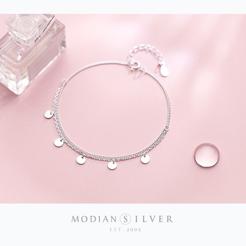 Modian Classic 925 Sterling Silver Round Sequins Double Chain Bracelet for Women Simple Bracelet Korea Style Fine Jewelry Gift