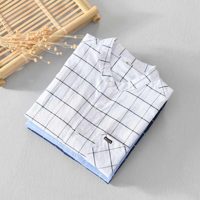 Designer new pure cotton plaid shirt men short-sleeved brand plaid shirts for men casual stand collar top mens chemise camisas