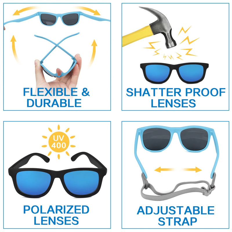 Kids Sunglasses Polarized with Strap for Girls Boys TPEE Flexible Frame UV400 Sun Glasses for Baby Toddler kids 0-2 and 2-8
