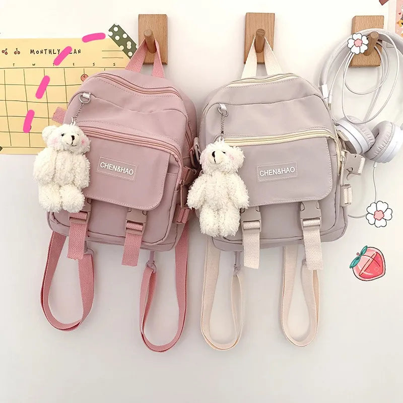 korean style small mini backpack for women Fashion school mochila Multi pocket Girl Ring Buckle portable bear women's backpack