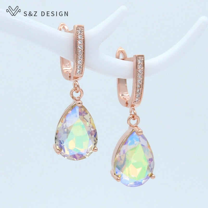 S&amp;Z DESIGN Korean Fashion Luxury Water Drop Crystal 585 Rose Gold Dangle Earrings For Women Wedding Engagement Elegant Jewelry