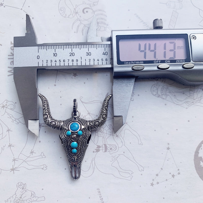 Pendant Blue Bull Head Skull Fashion Punk Ethnic Jewelry Europe 925 Sterling Silver Turquoise Rebel Gift For Woman & Men