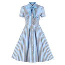 Tonval Fliege Hals Grün Gestreiftes Vintage Kleid Durchgeknöpft Elegante Kleider für Damen Baumwolle Retro Kleidung Taschen Sommerkleid