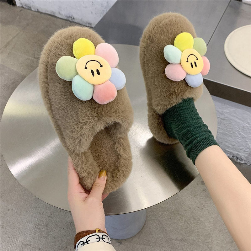 Sun flower Slippers Women Slippers Furry Fluffy Flat Shoes Winter Home Slippers Fashion Comfortable Slip Lazy Thick Fur Slides