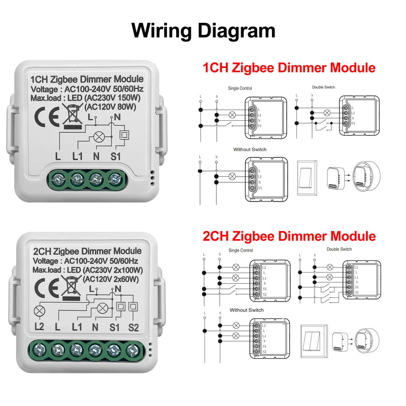 GIRIER Tuya ZigBee Smart Dimmer Switch Module Supports 2 Way Control DIY Dimmable Switches 10A Work with Alexa Alice Google Home