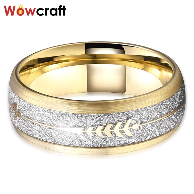 8mm New Cool Gold Mens Tungsten Carbide Ring Womens Wedding Band Meteorite Gold Arrow Inlay Comfort Fit