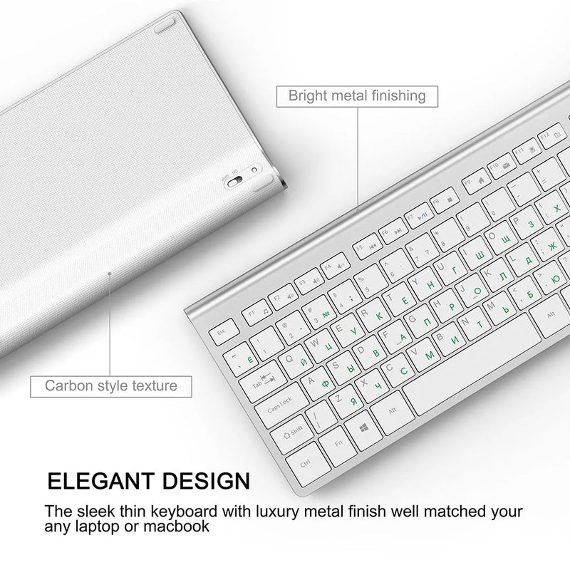 Russian wireless keyboard, ergonomic design, rechargeable mouse, 2400DPI, wireless mute design stable connection,silver white