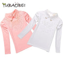 School Girls Blouse Shirts New 2021 Spring Fashion Kids Solid Turn-Down Lace Flower Blouses High Quality Children Cotton Clothes