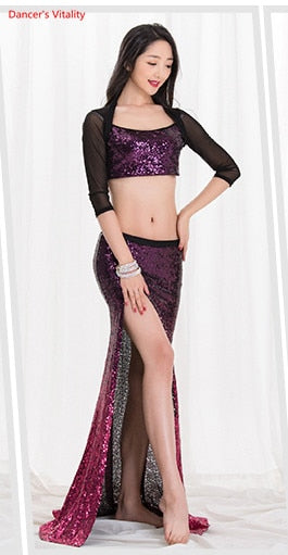 Women New Belly Dance Set  Oriental Dance Dance Competition Sequin   Costume Top+Fishtail  Skirt 2pcs gypsy skirt   costume set