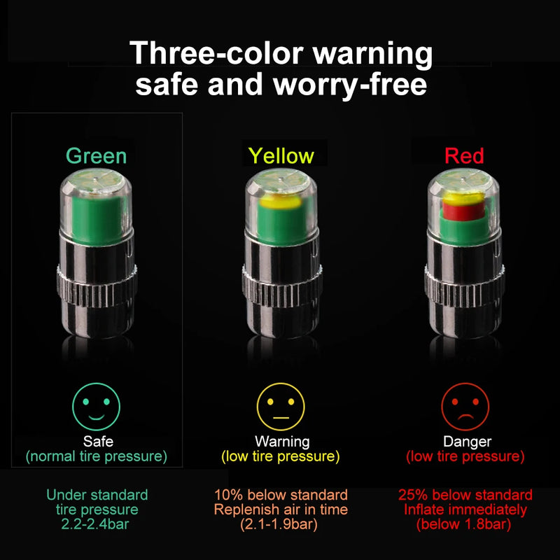 4pcs Car Tire Pressure Gauge Indicator Alert Monitoring Valve Indicator External Valve Detection Cap Sensor Tire Tools Kit