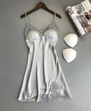 Womens Sexy V-neck Nightwear Femme Satin Sling Shorts Sleepwear Lingerie Lace Sleeveless Underwear Pijama Feminino No chest pad