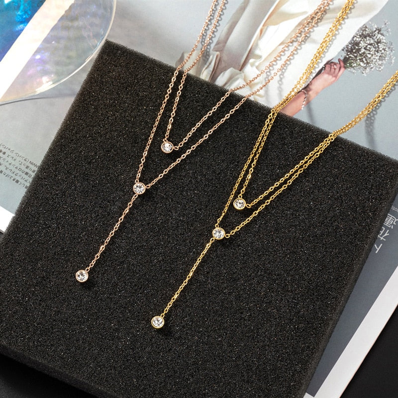 Hot Saleing 925 Sterling Silver Gold Color Shiny Luxury Zircon Double Layer Long Necklaces Women Gift For Women Fine jewelry