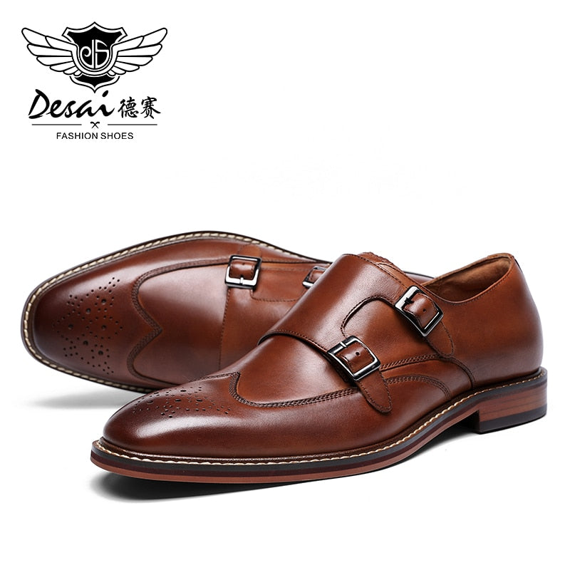 DESAI Monk Strap Slip on Genuine Leather Business Handmade Dress Brogue Shoes for Men with Buckle 2021