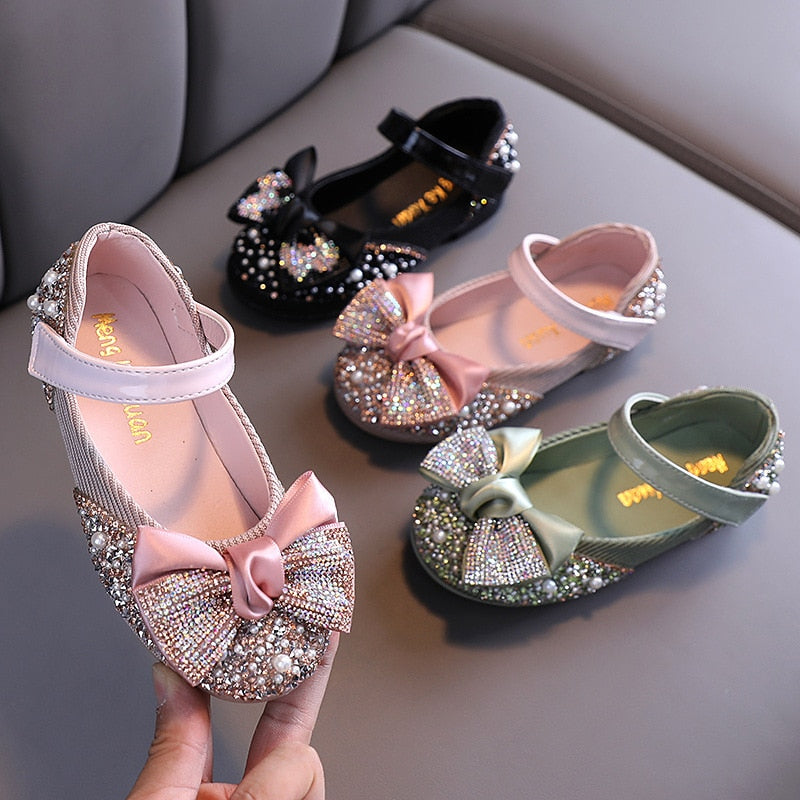 New Children Leather Shoes Rhinestone Bow Princess Girls Party Dance Shoes Baby Student Flats Kids Performance Shoes D785