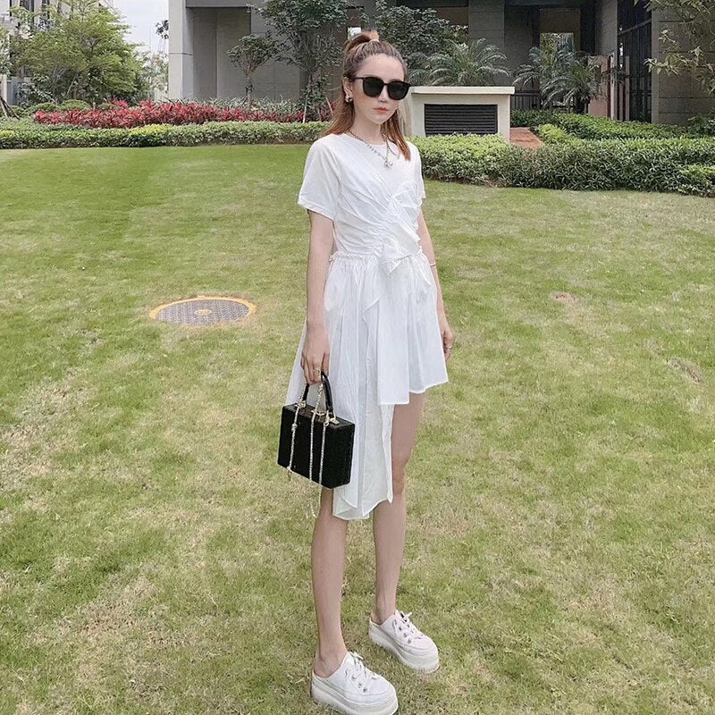 TWOTWINSTYL Eelegant Patchwork Ruffle Woman's T-shirt O Neck Short Sleeve Ruched Asymmetric Oversize Casual Shirt Female Fashion