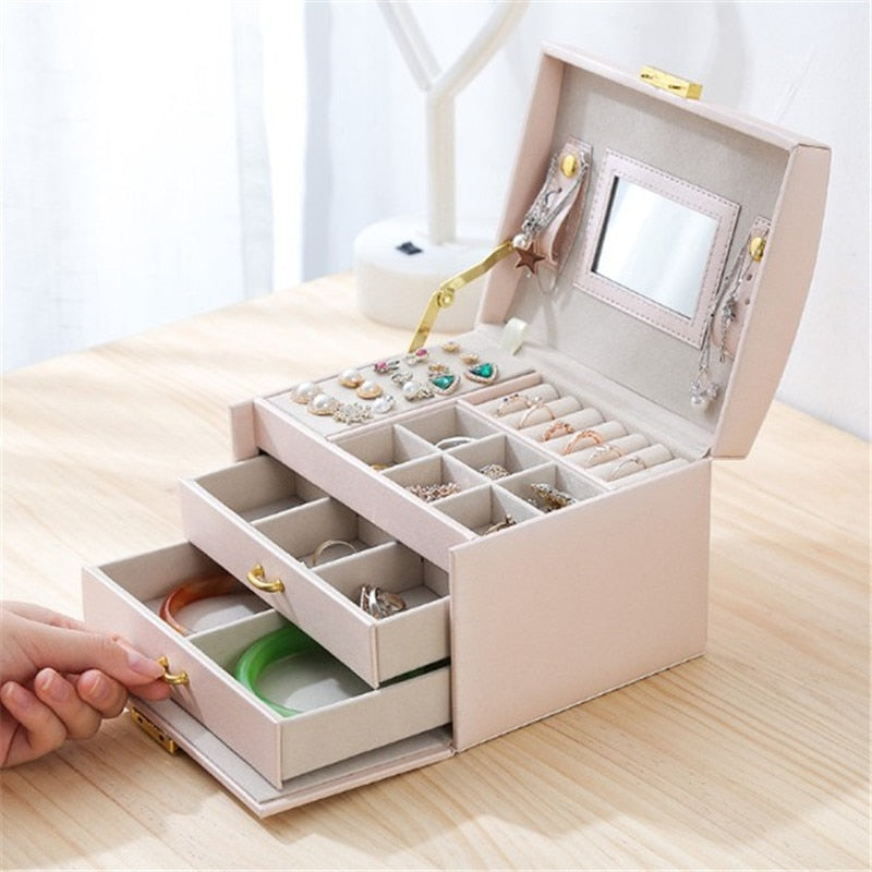 WE Bling PU Travel Portable Locked Jewelry Storage Box Three-layer Makeup Organizer Ring Earring Necklace Pouch Case Accessories