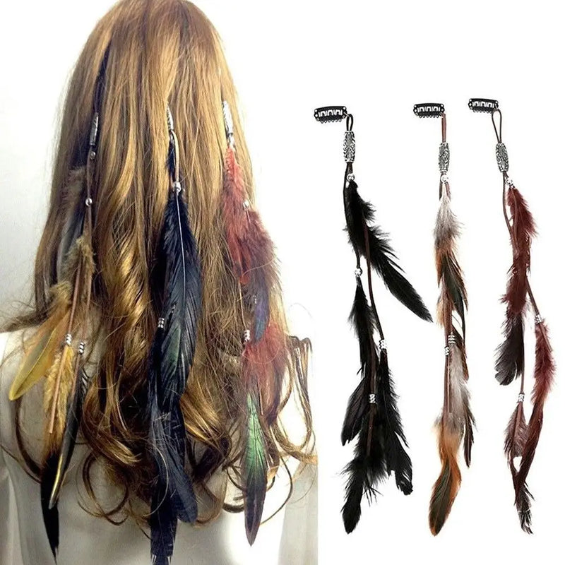 2024 New Fashionable Boho Feather Headband Wig Beaded Feather Headdress Handmade Hair Clip Girl Hair Accessories High Quality