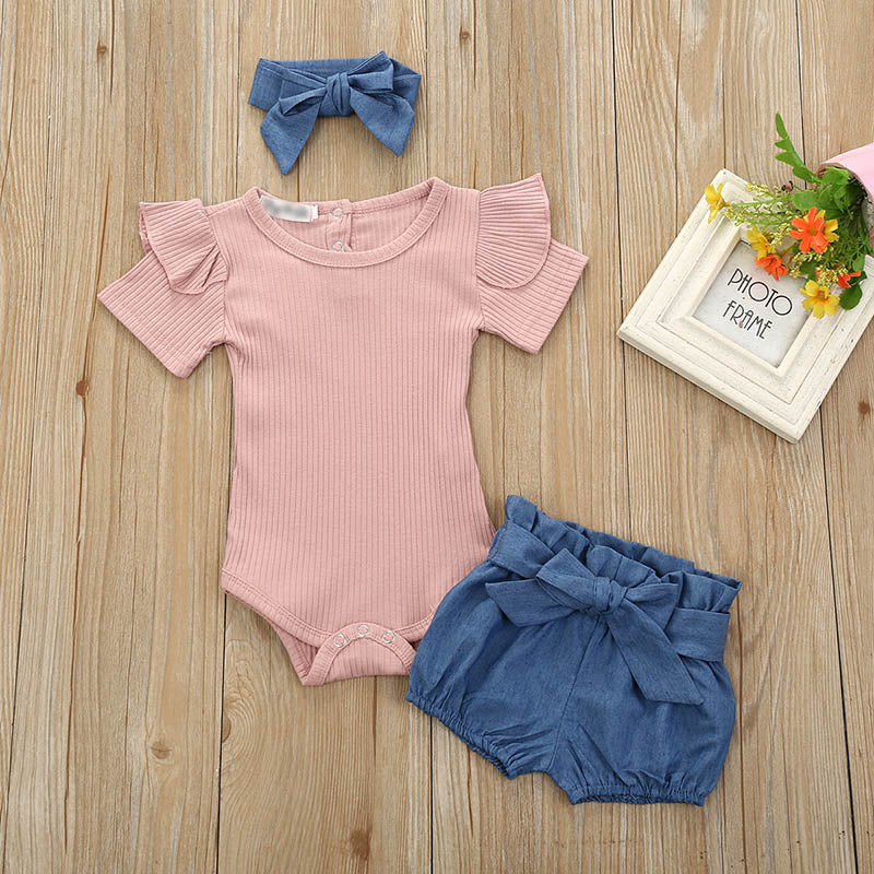 Newborn Baby Girls Outfits Clothes Cotton Solid Romper Jumpsuit + Denim Shorts+Headband Sweet Set Summer New23