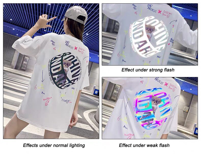 Harajuku Hip Hop Women Shirt INS Reflective Back Cartoon Bear T-shirt 2020 Summer Loose Couple Mid-length Short Sleeve Tops