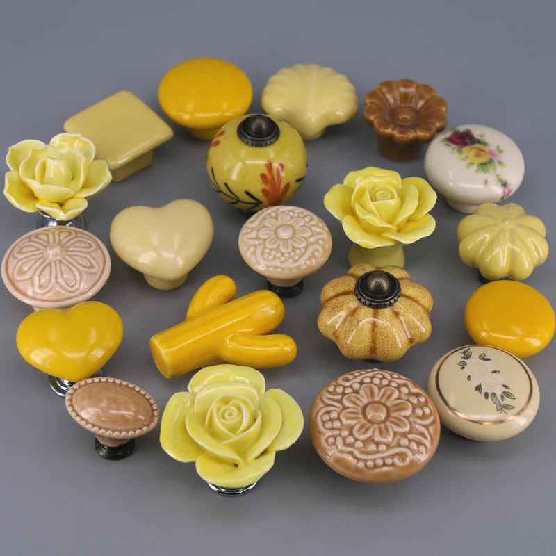 1PC Vintage Europe Ceramic Knobs Yellow colored Porcelain Pulls Handles for Kids Furniture Wardrobe cabinet Doors drawer Knobs