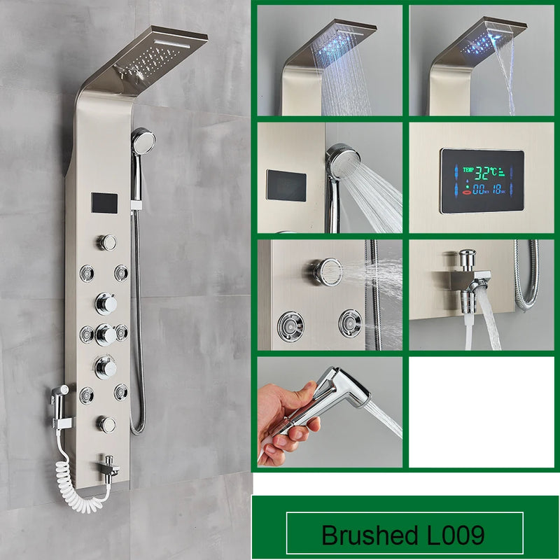 Black Bathroom Shower Panel SPA Massage Jet Shower Column LED Display Stainless Steel Shower System