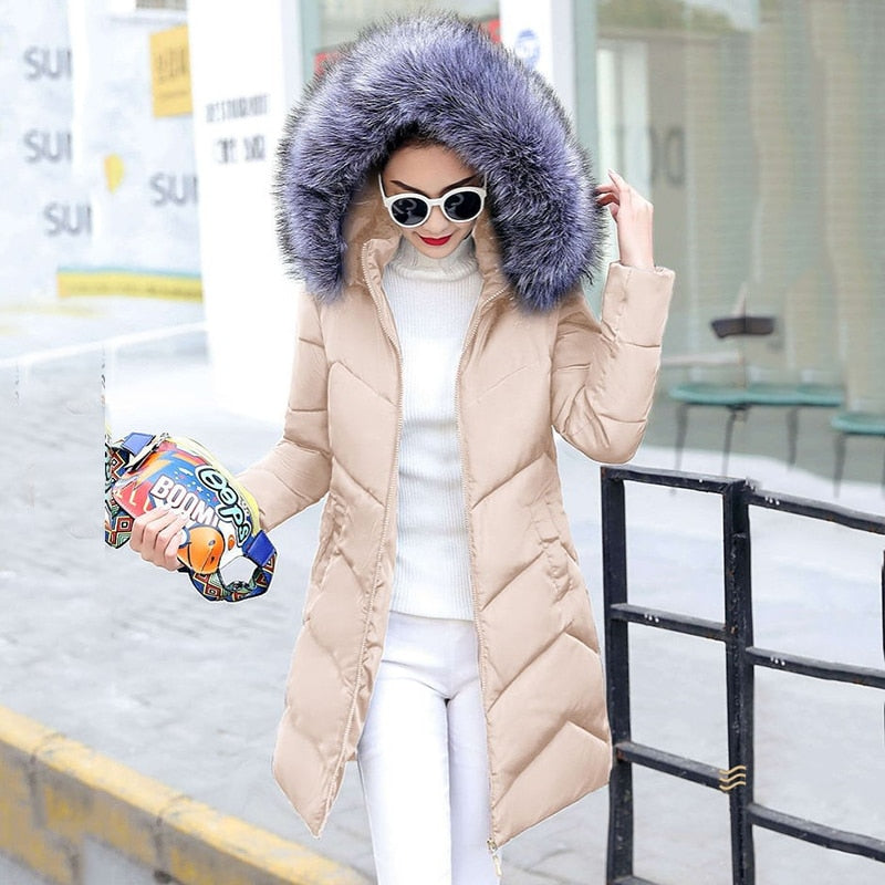 Fur collar winter coat ladies thick warm hooded long jacket women elegant slim white cotton parka women outwear 2019 new DR653