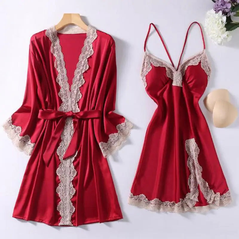 Satin Robe Set Sexy Female Sleepwear Summer Kimono Bathrobe Lace Trim Bride Bridesmaid Dressing Gown Casual Nightgown