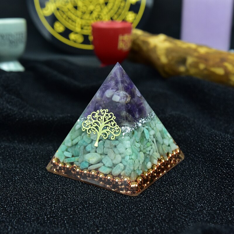 Orgonite Pyramid Jeremiel Ajna Chakra Natural Amethyst Amazonite Overcome Difficulties Resin Pyramid Crafts Decoration