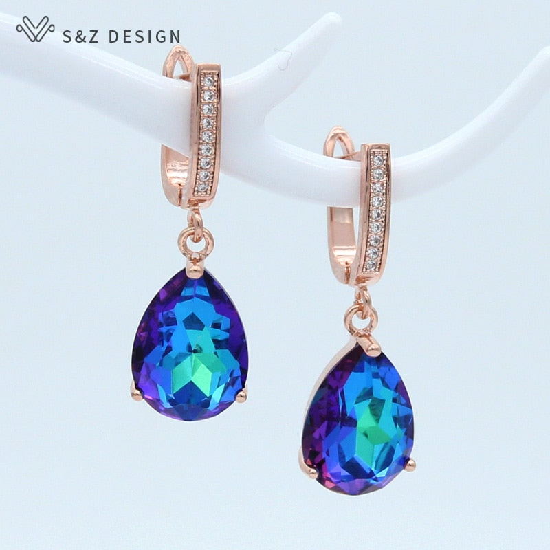 S&amp;Z DESIGN Korean Fashion Luxury Water Drop Crystal 585 Rose Gold Dangle Earrings For Women Wedding Engagement Elegant Jewelry