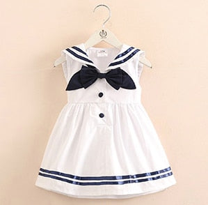 2023 Summer 2-10T Years Children Sweet Sleeveless Bow Sailor Collar Navy Blue White Patchwork Little Kids Girls Navy Vest Dress