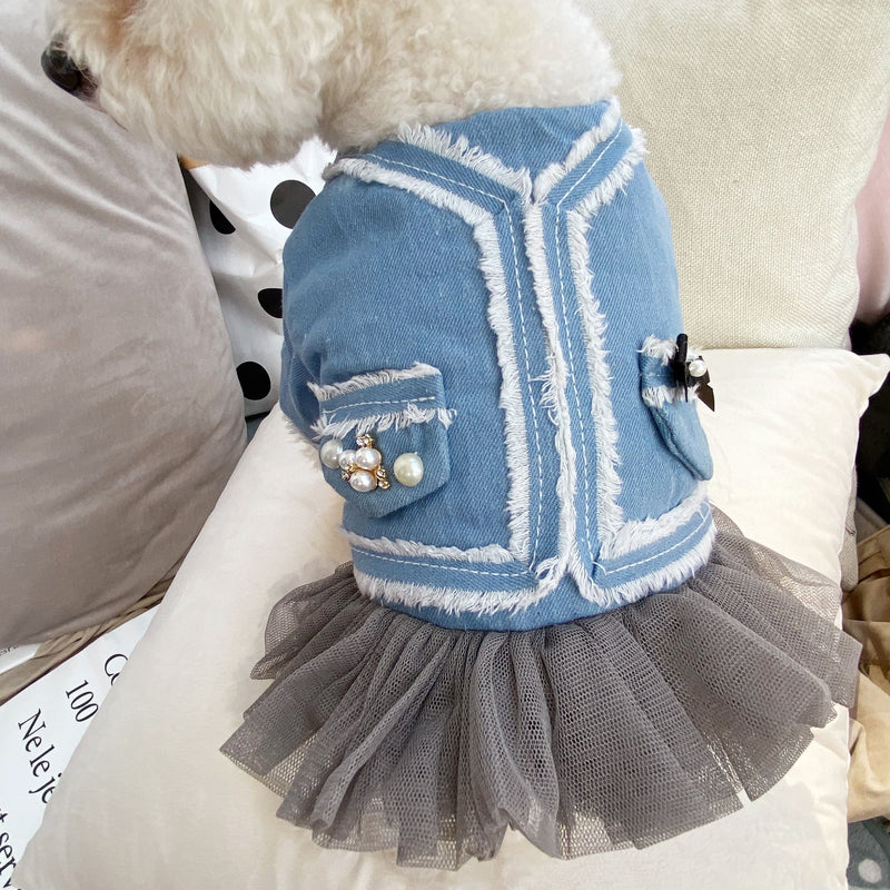 Warm Winter Dog Dress Coat Fleece  Denim Top Princess Dog Jacket Clothes for Small Dogs Tulle XS S M L XL